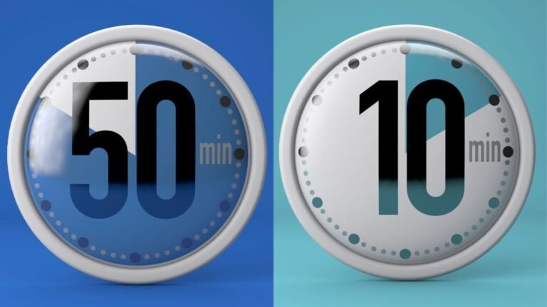 Two timers showing different durations, illustrating the 50/10 focus method.