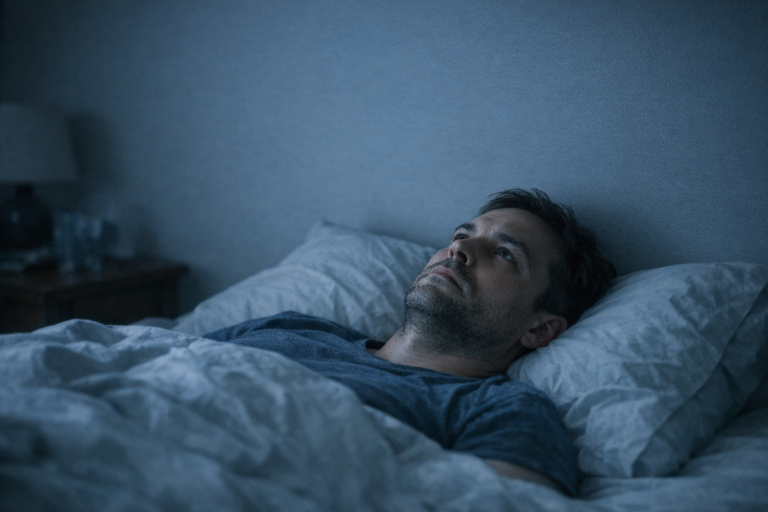 A man lying in bed, unable to sleep due to having too much mental clutter