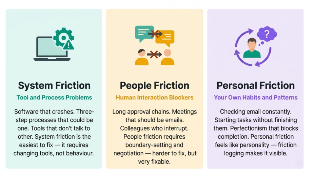 Inforgraphic showing how to identify productivity blocks in three areas: systems friction, people friction and personal friction