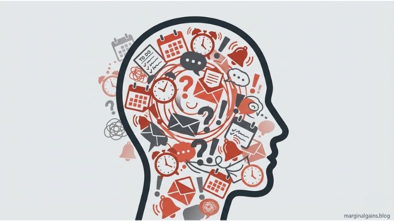 Inforgraphic of a human head with swirling thoughts, illustrating the concept of mental clutter