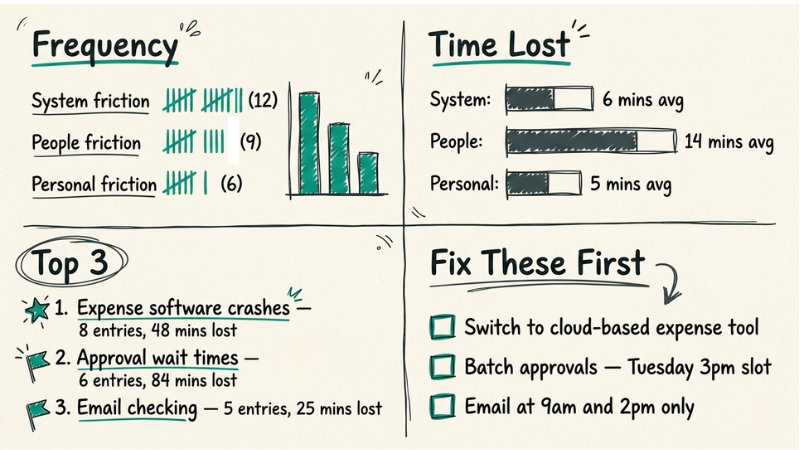 A diagram illustrating what analysis of a friction log might reveal about productivity blocks and potential productivity improvements