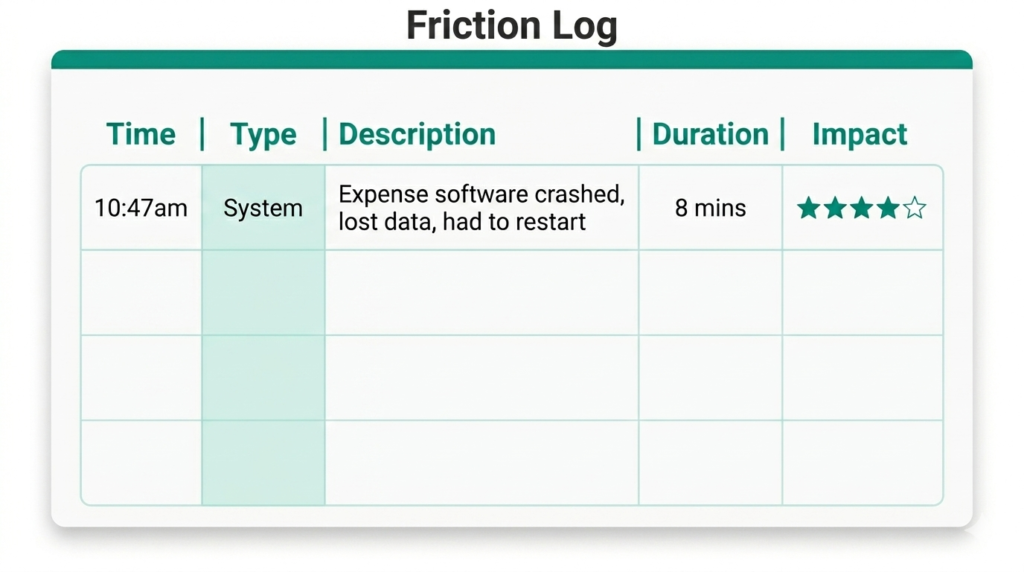 A sample digital friction log to identify productivity blocks, including time, type, description, duration and impact