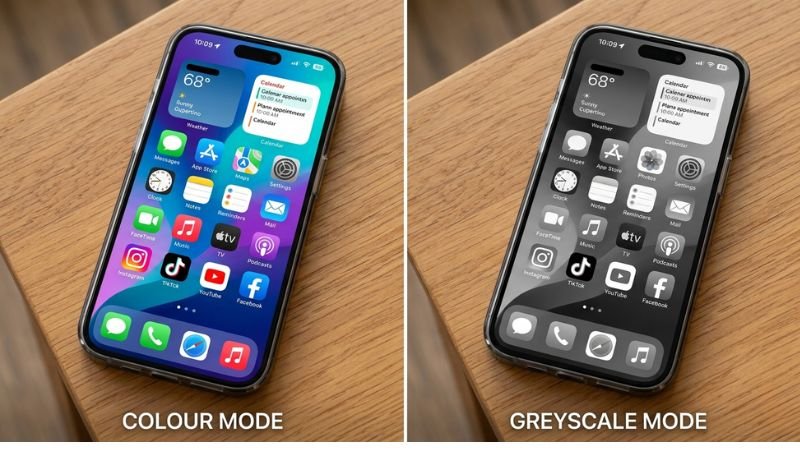 Side by side comparison showing full colour and greyscale iphone modes