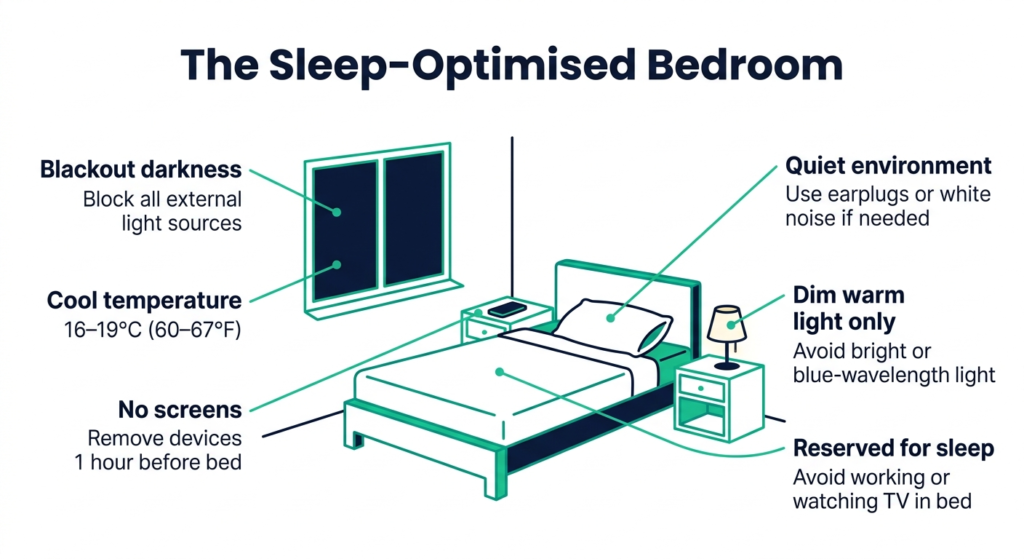Image of a bedroom optimised for sleep, showing blackout blind, cool temperature, no screens and ear plugs for quiet