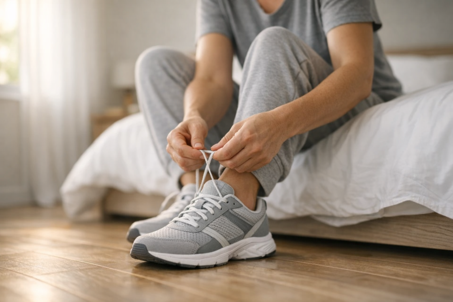 Person lacing up running shoes — the two-minute rule for habits in action