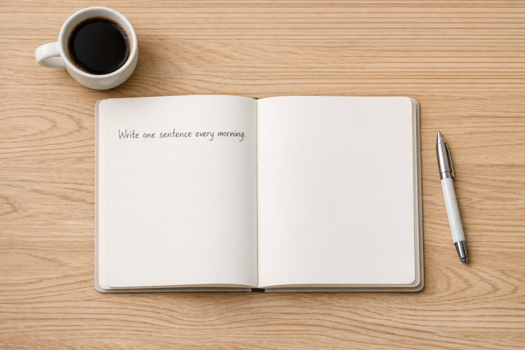 Open journal with a single sentence - applying the two-minute rule for habits to writing