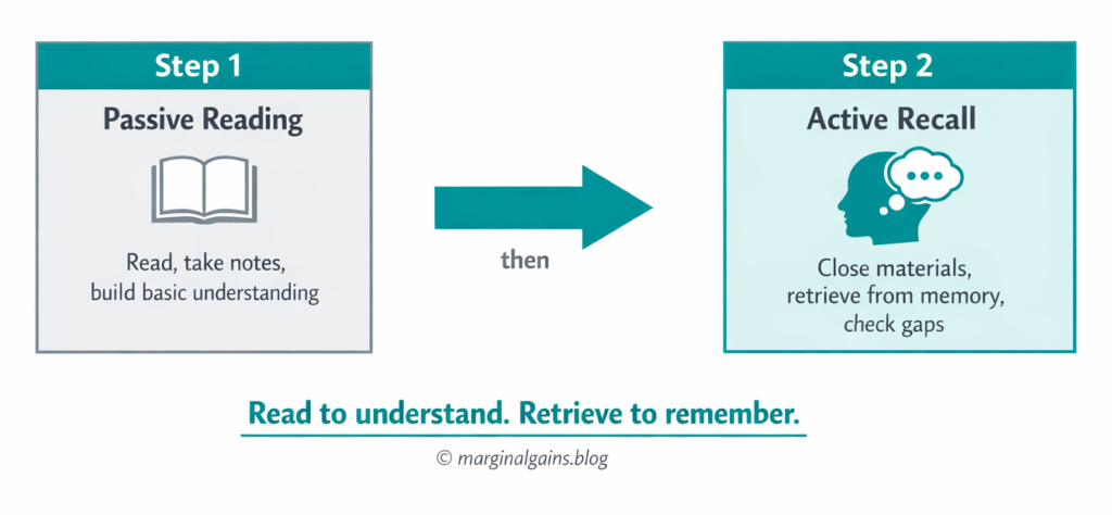 The two-pass study system diagram showing passive reading as the first pass and active recall as the 
second pass