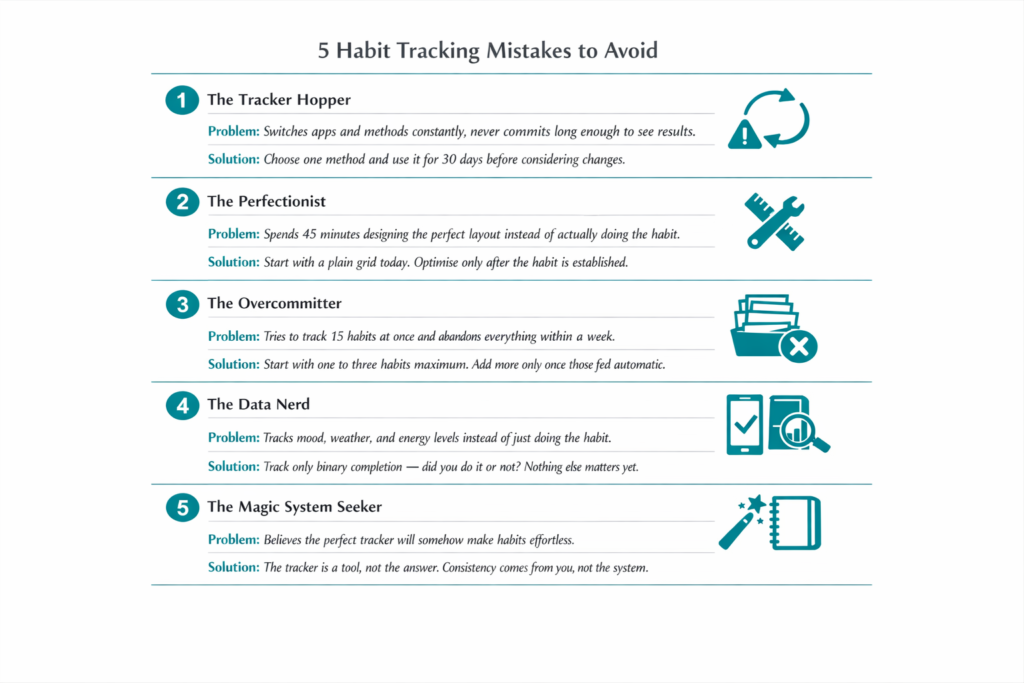 Infographic showing different mistakes commonly made with habit tracking and their solutions
