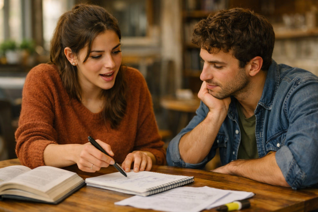 Two students studying together — one explaining a concept from their notes, a technique that helps you remember what you study by revealing gaps in understanding