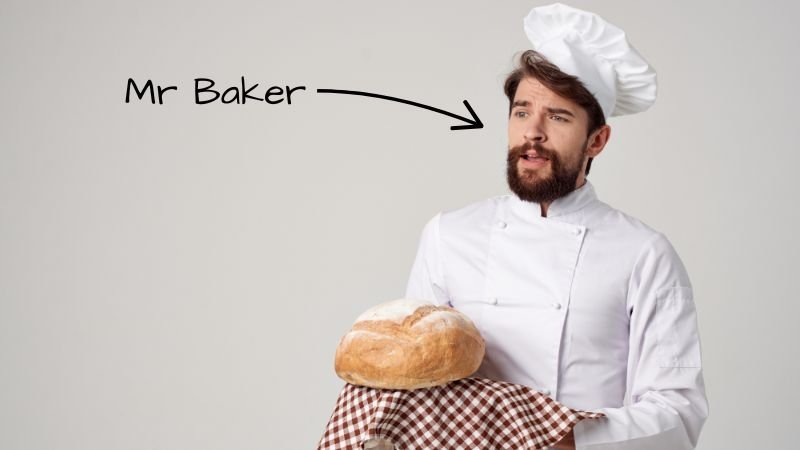 A baker, with a name label Mr Baker, illustrating the Baker-Baker paradox