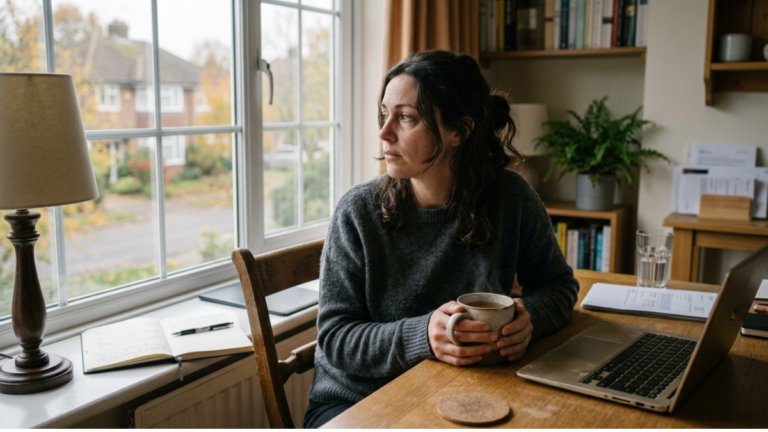 How to recover from mental burnout — person sitting quietly with coffee reflecting on exhaustion before beginning recovery