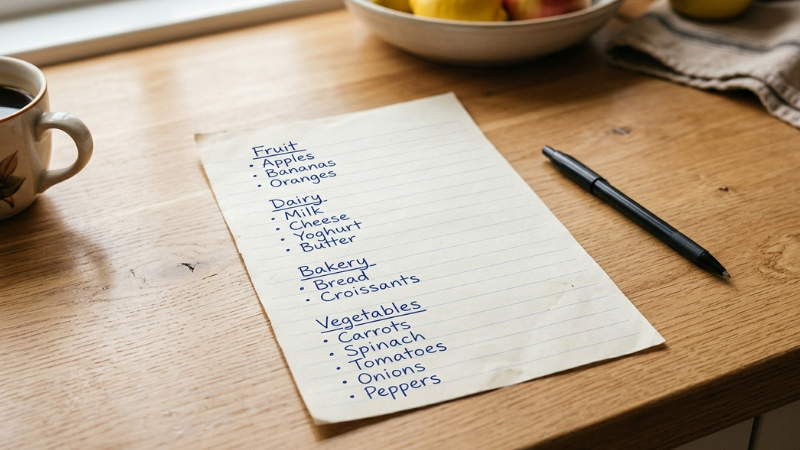 Chunking method shopping list visually grouped by fruit, vegetable, dairy and bakery sections