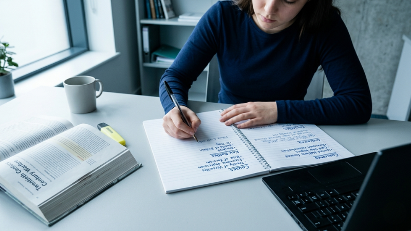 Student taking chunked notes in notebook