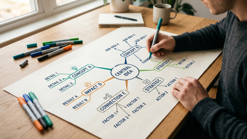 Person drawing a mind map at a desk to help them learn faster and make it stick