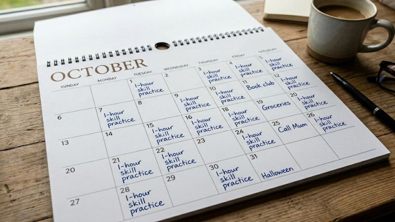 Calendar showing how to learn any skill fast by spreading deliberate practice over 20 focused hours across a month