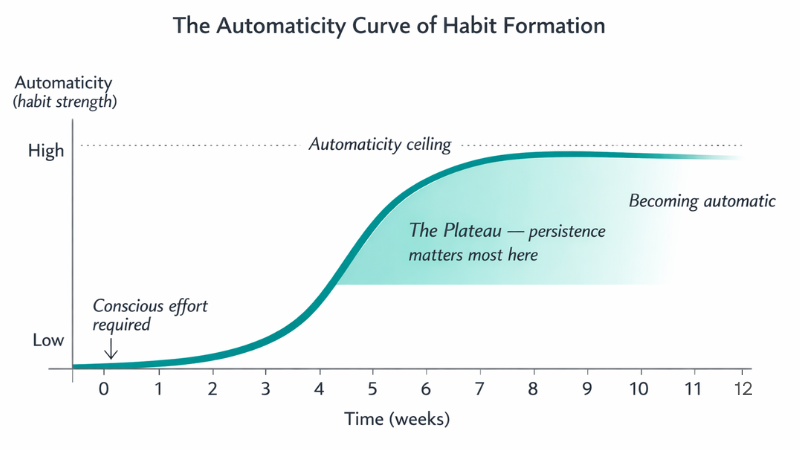 Graph showing the automaticity curve: how habit strength builds over 12 weeks — gradual rise, plateau phase, and eventual automatic behaviour