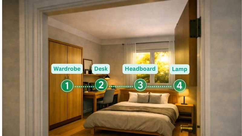 A mental walkthough of a room, showing locations of where memory palace objects can be placed