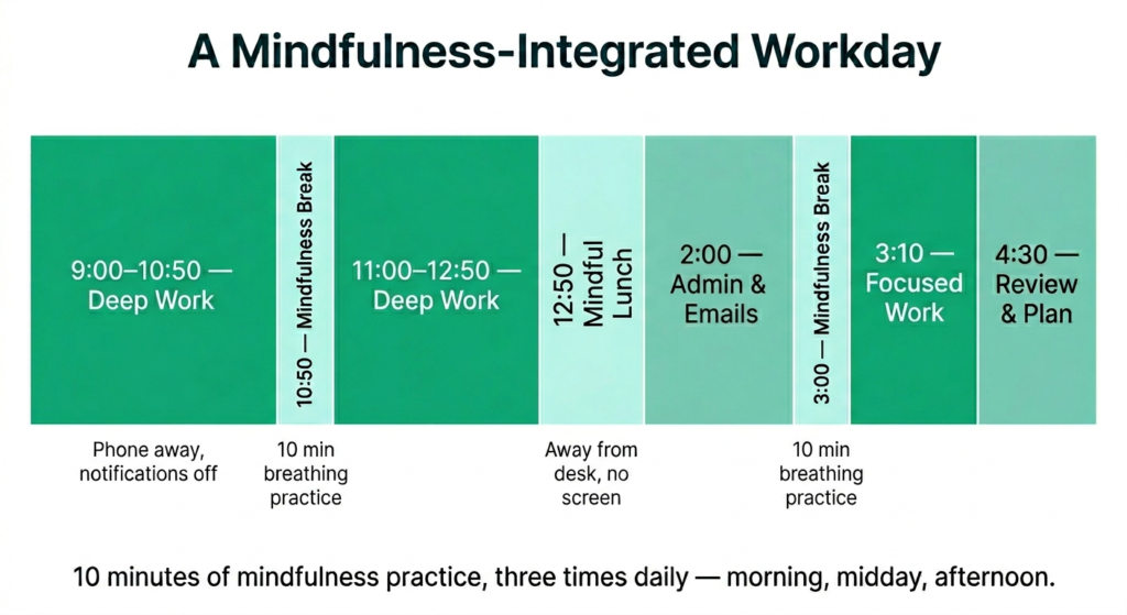 Infographic showing how mindfulness practice can be incorporated into a daily schedule