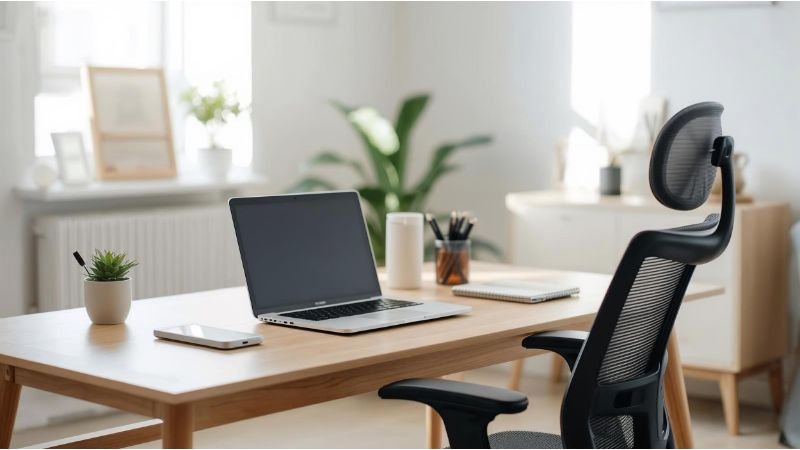 Uncluttered home office desk with organised storage solutions