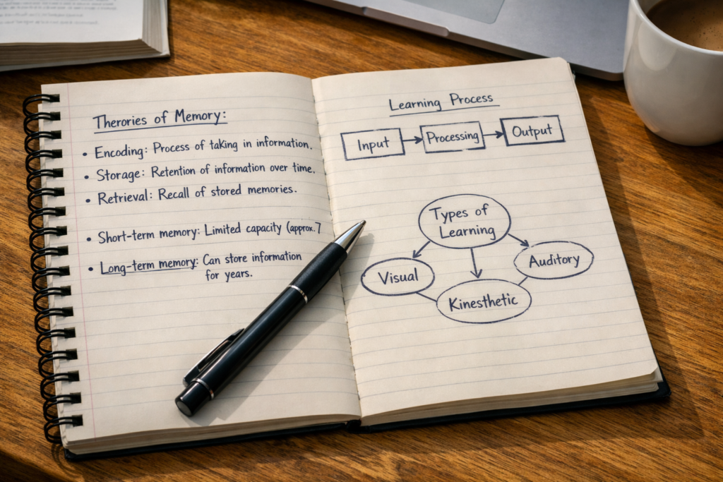 Open notebook on desk showing verbal and visual information, illustrating the dual coding approach to remembering what you've read