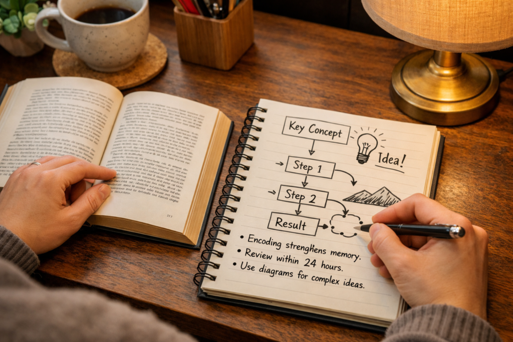 A man reading a book and taking visual notes in a notepad, illustrating dual coding to remember what you read