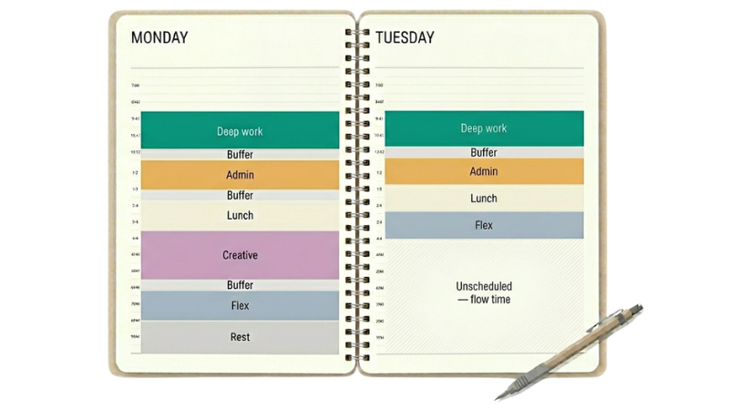An open diary infographic showing an example of how time blocks could be allocated across two days