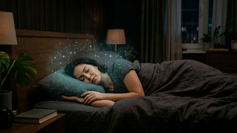 Person sleeping with brain activity visible — how does sleep affect memory through consolidation and replay