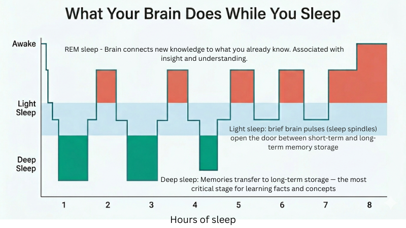 Diagram showing how sleep affects memory across the sleep cycle through the night