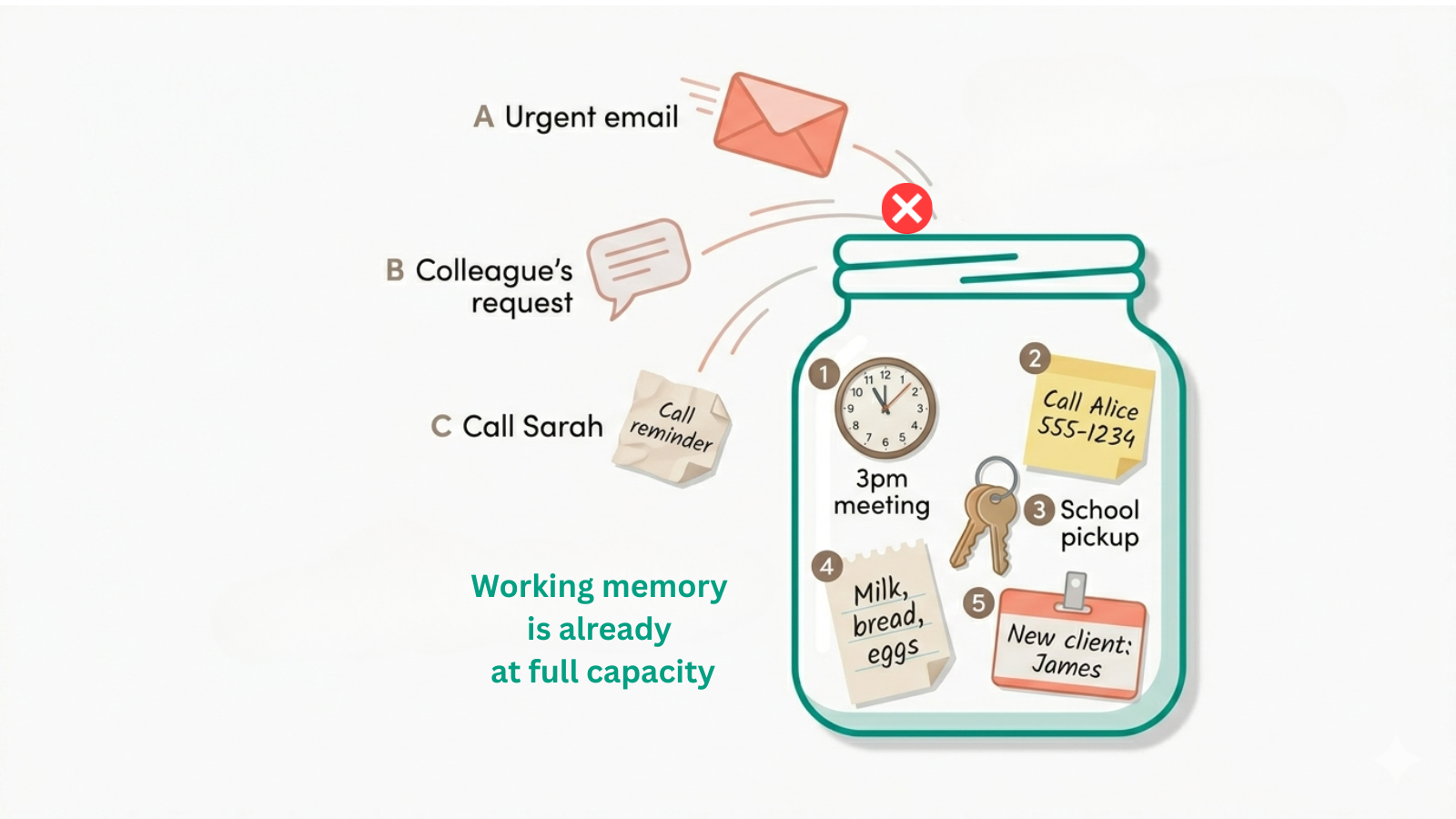 Infographic showing a jar full of 5 items, with other items being forgotten. This illustrates how to improve working memory by understanding its capacity limits  