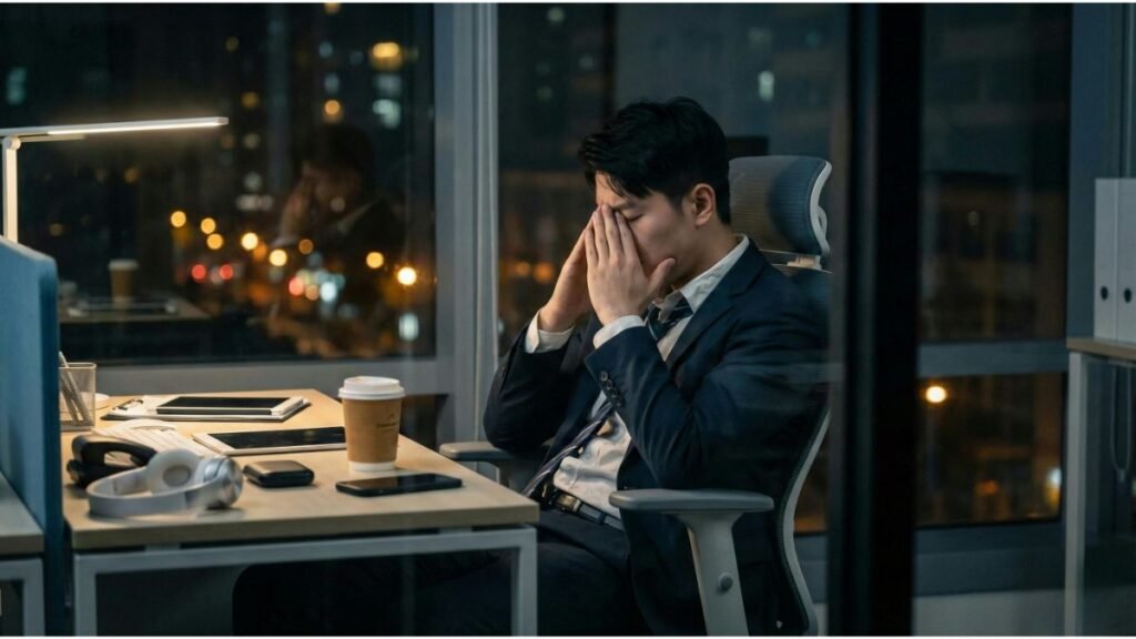 Person showing signs of cnogitive exhaustion and burnout, working in the office late at night
