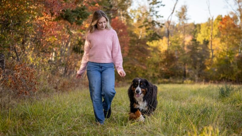 Lady doing gentle exercise, walking her dog in the park, to help overcome burnout 