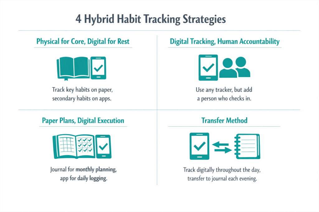Infographic showing 4 hybrid bullet journal vs digital habit tracking strategies in a teal 2x2 grid