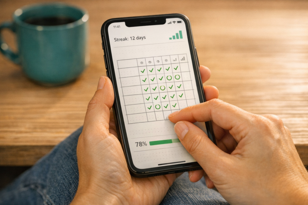 person tapping a habit tracking app on a smartphone showing completed habits and streak data illustrating the speed and convenience of digital habit tracking