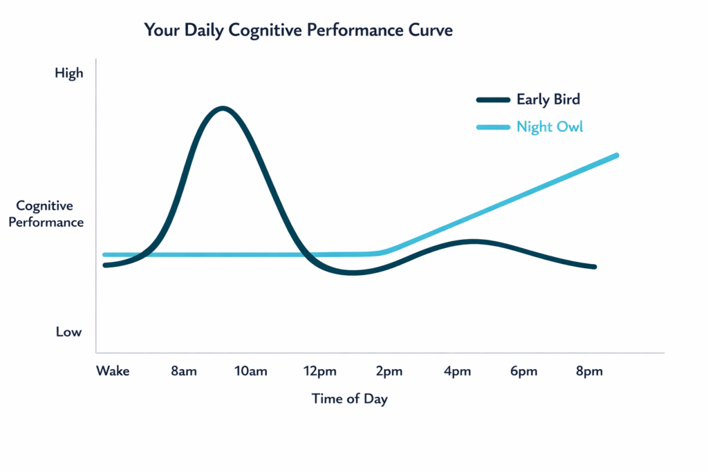 Graph showing changes in cognitive performance across the daytime for an early bird versus a night owl