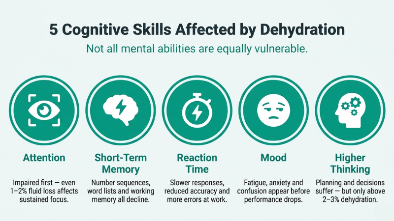 five cognitive skills affected by dehydration infographic showing attention, short-term memory, reaction time, mood and higher thinking ranked by vulnerability to fluid loss