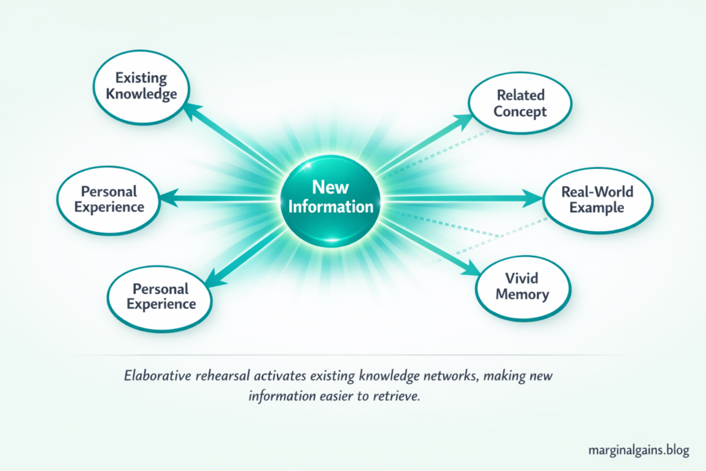 Elaborative rehearsal illustrated as a spreading activation network — how to remember what you study by connecting new information to existing knowledge
