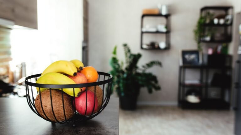 Healthy kitchen with visible nutritious food showing environment design habits