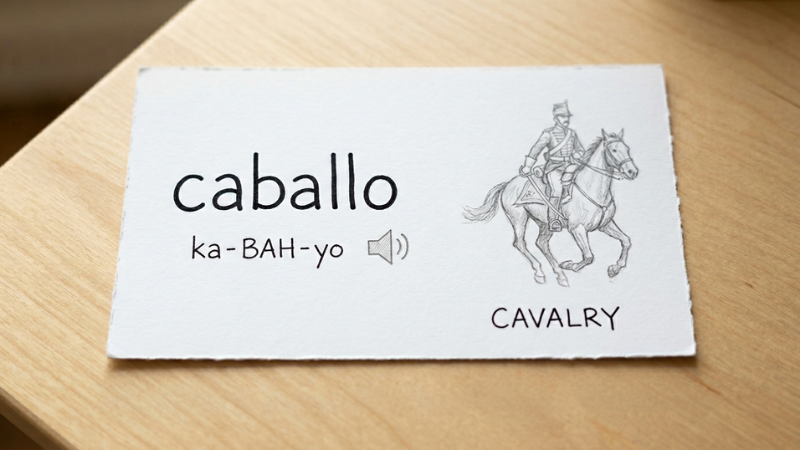 Flashcard showing the keyword method mnemonic device, linking the sound of foreign vocabulary word to an image and its meaning