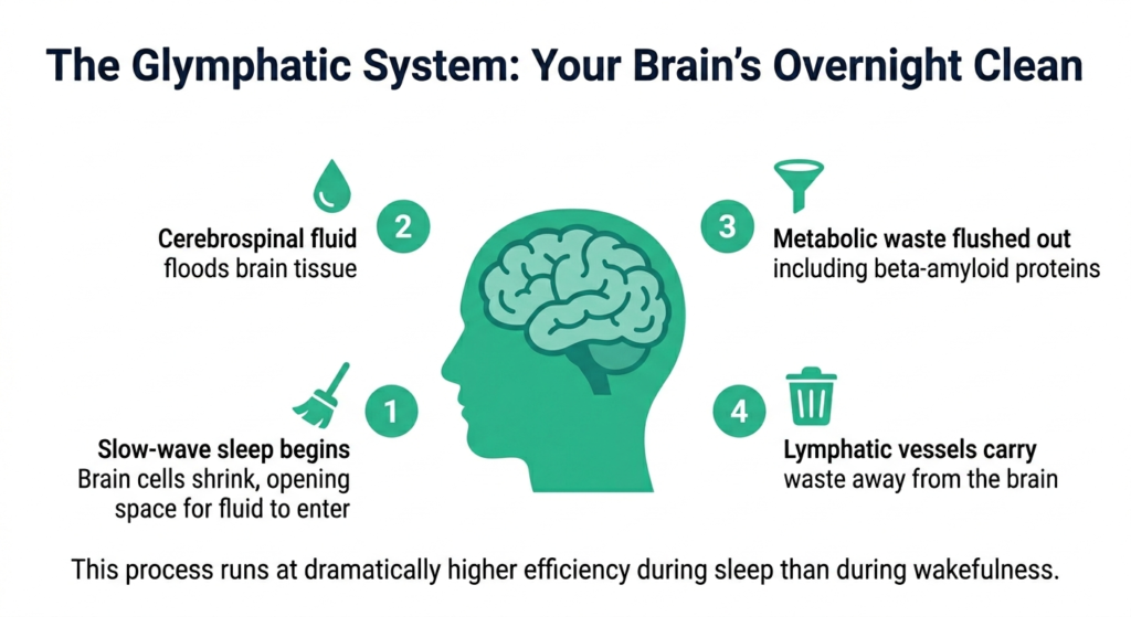 Infographic of the glymphatic system showing how the brain clears waste during sleep 