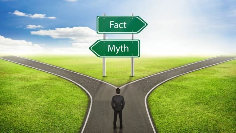 Person at crossroads between fact and myth signs illustrating choice in 21-day habit formation beliefs
