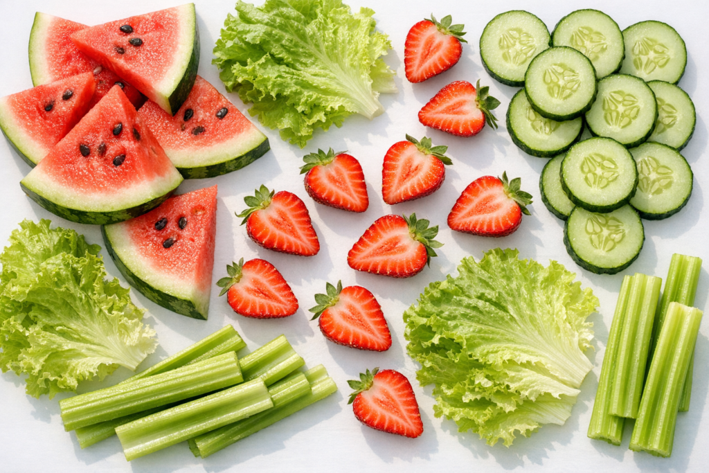 Water-rich foods supporting prevention of dehydration and brain function decline, including cucumber, watermelon and salad 