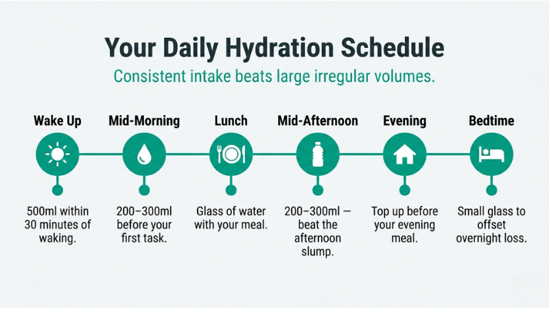 Infographic showing a daily hydration schedule for optimal hydration throughout the day