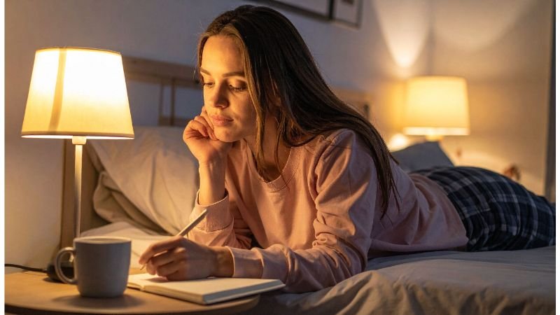 Woman noting habit triggers in journal in the evening.  