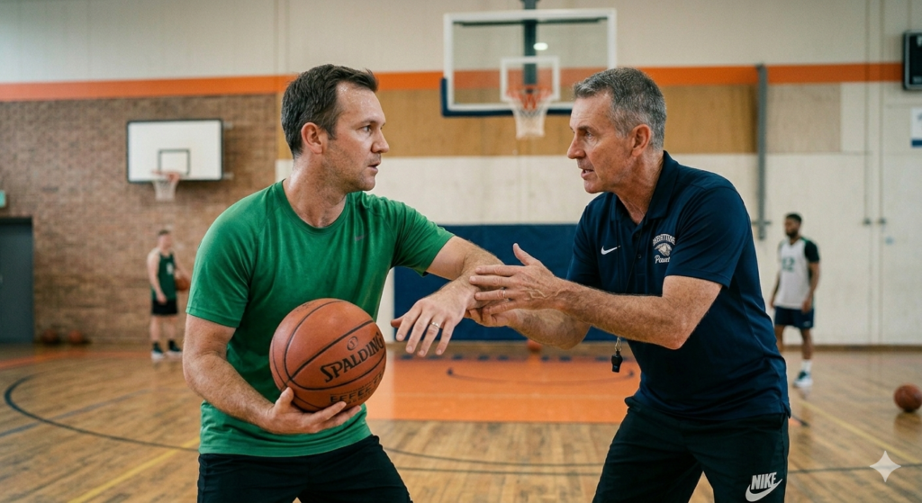 Basketball coach providing immediate feedback to improve the speed of skill development