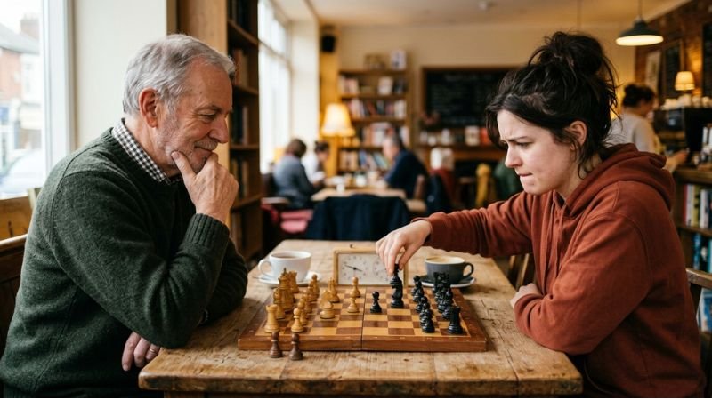 A chess game between an experienced and inexperienced player, illustrating how beginners rely more on mnemonics when learning