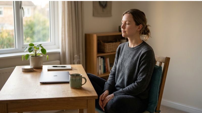 Woman having a mindfulness break at her desk, sitting cross-legged on her chair with eyes closed. 