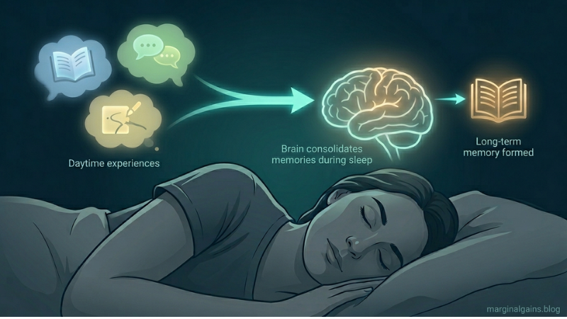 Infographic of a person sleeping, showing how daytime experiences are consolidated into long-term memory 