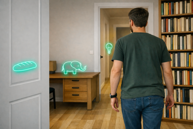 Man walking through room with holographic memory palace icons, illustrating how to build a memory palace