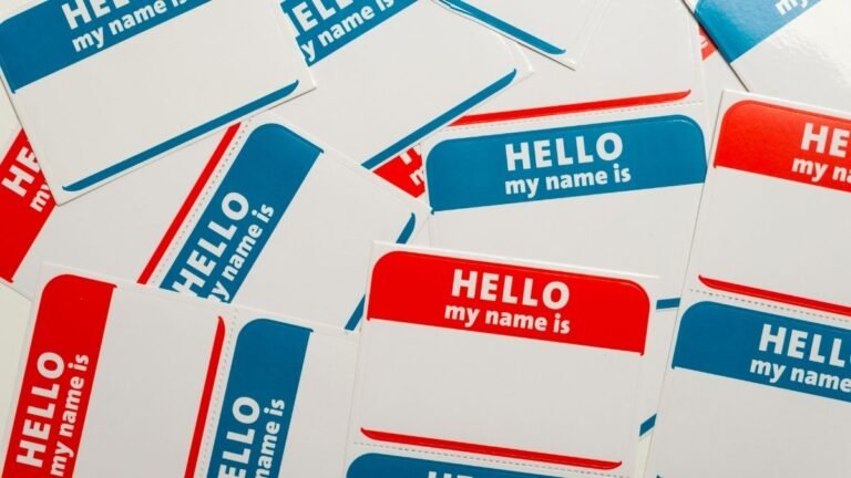 Conference name badges illustrating difficulty remembering names and faces