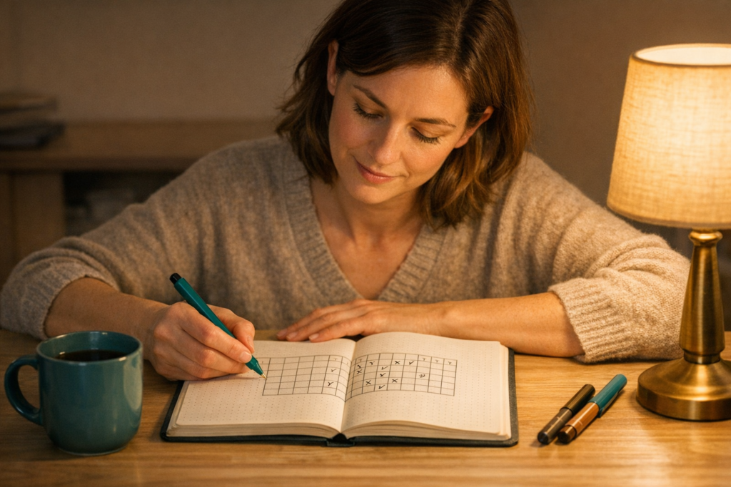 Person writing mindfully in a habit tracker notebook by warm lamp light illustrating the reflective evening ritual of bullet journal habit tracking
